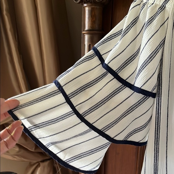 White and Black Ruffled Off-Shoulder Crop Blouse - Picture 2 of 3